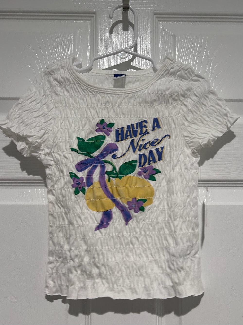 Old Navy Grls White Smocked Graphic Tee "Have a Nice Day" Lemons Size Sm 6-7 Y2K